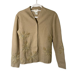 Talbots Beige 100% Wool Knit Cardigan Sweater Size S Embellished Holiday Neutral